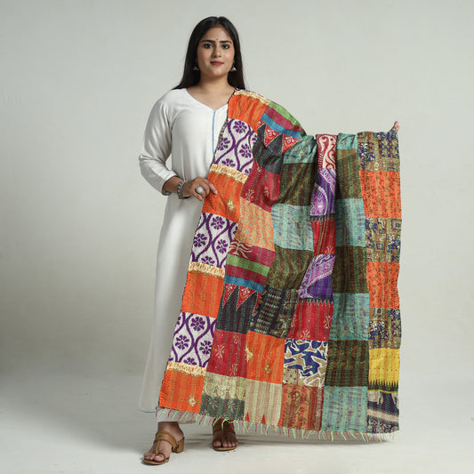Multicolor - Bengal Kantha Embroidery Patchwork Reversible Silk Dupatta 31
