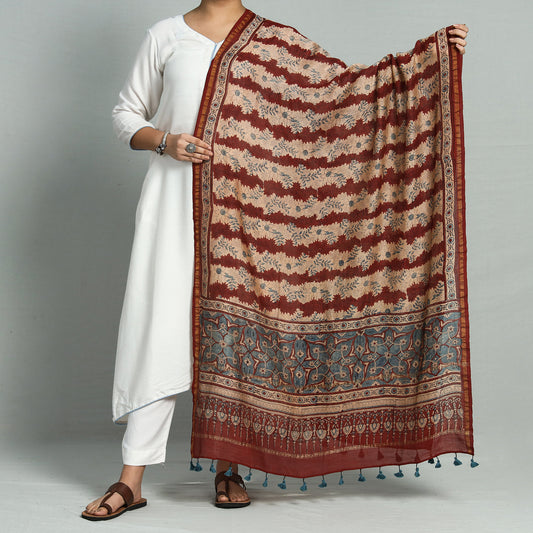 Red - Ajrakh Hand Block Printed Chanderi Silk Handloom Dupatta with Tassels