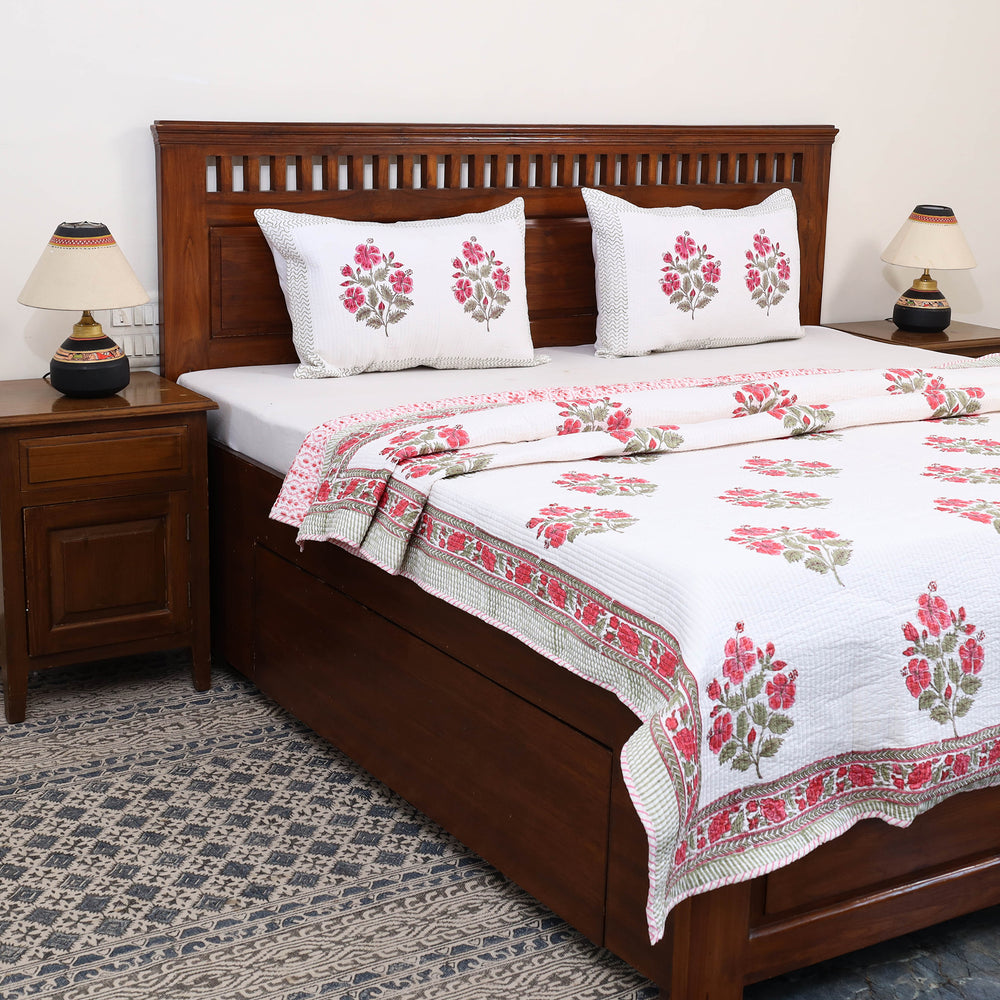 Double - Reversible Sanganeri Block Print Cotton Quilt Set 09