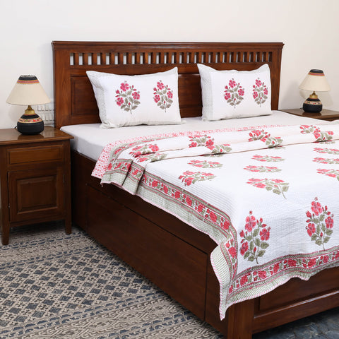 Pink - double - reversible sanganeri cotton quilt set 09