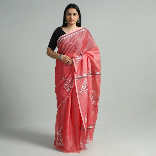 Pink - Bengal Kantha Hand Embroidery Tussar Silk Handloom Saree 98