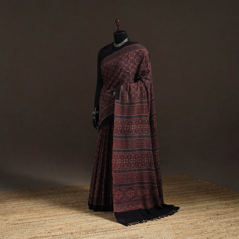 Handwoven Merino Wool Natural Dyed Hand Block Print Ajrakh Saree 05