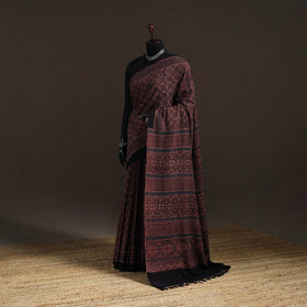 Handwoven Merino Wool Natural Dyed Hand Block Print Ajrakh Saree 05