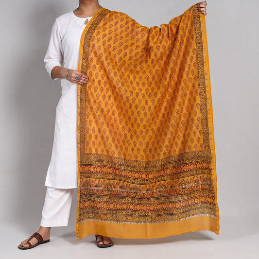 Yellow - Bagh Block Printed Chanderi Silk Handloom Dupatta