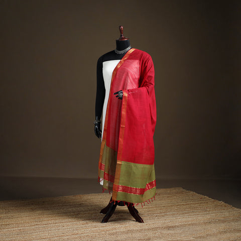 Red - Pure Handloom Cotton Nizam Zari Border Mangalagiri Dupatta 17