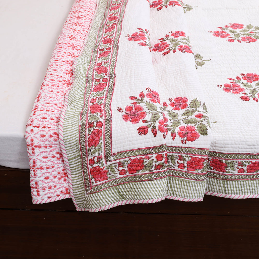 Double - Reversible Sanganeri Block Print Cotton Quilt Set 09