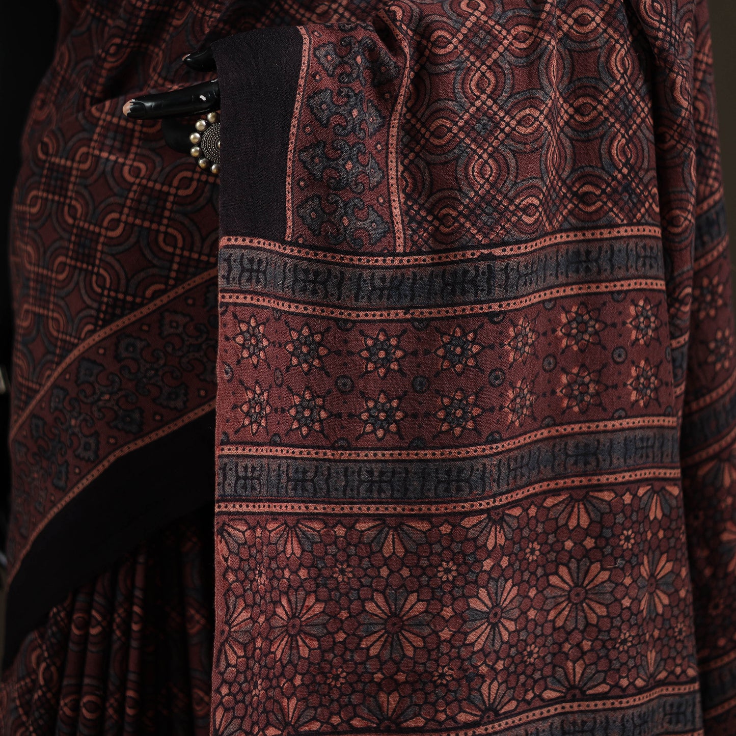 Handwoven Merino Wool Natural Dyed Hand Block Print Ajrakh Saree 05