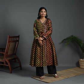 Angrakha Brown Handloom Chanderi Silk Tie-Dye Leheriya Kurta for Women
