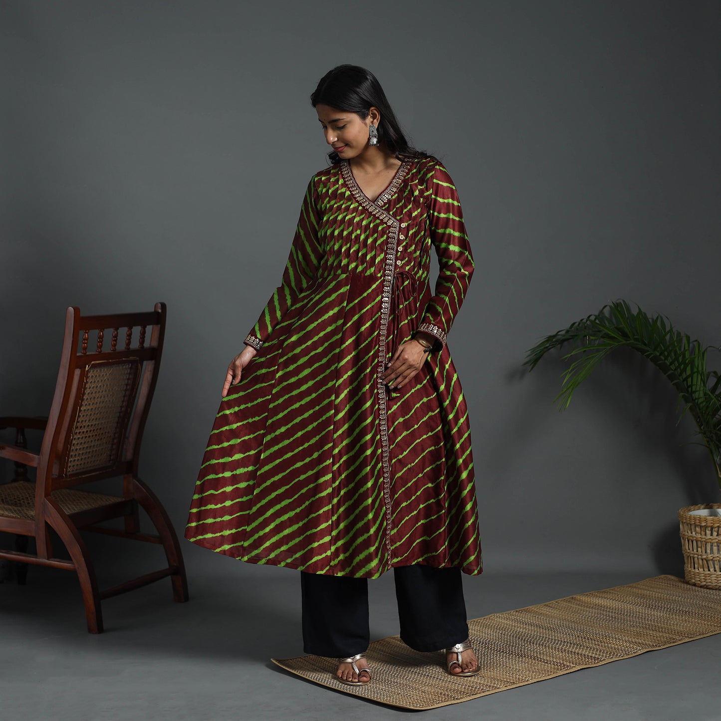 Angrakha Brown Handloom Chanderi Silk Tie-Dye Leheriya Kurta for Women