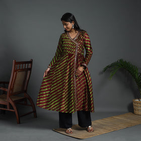 Angrakha Brown Handloom Chanderi Silk Tie-Dye Leheriya Kurta for Women