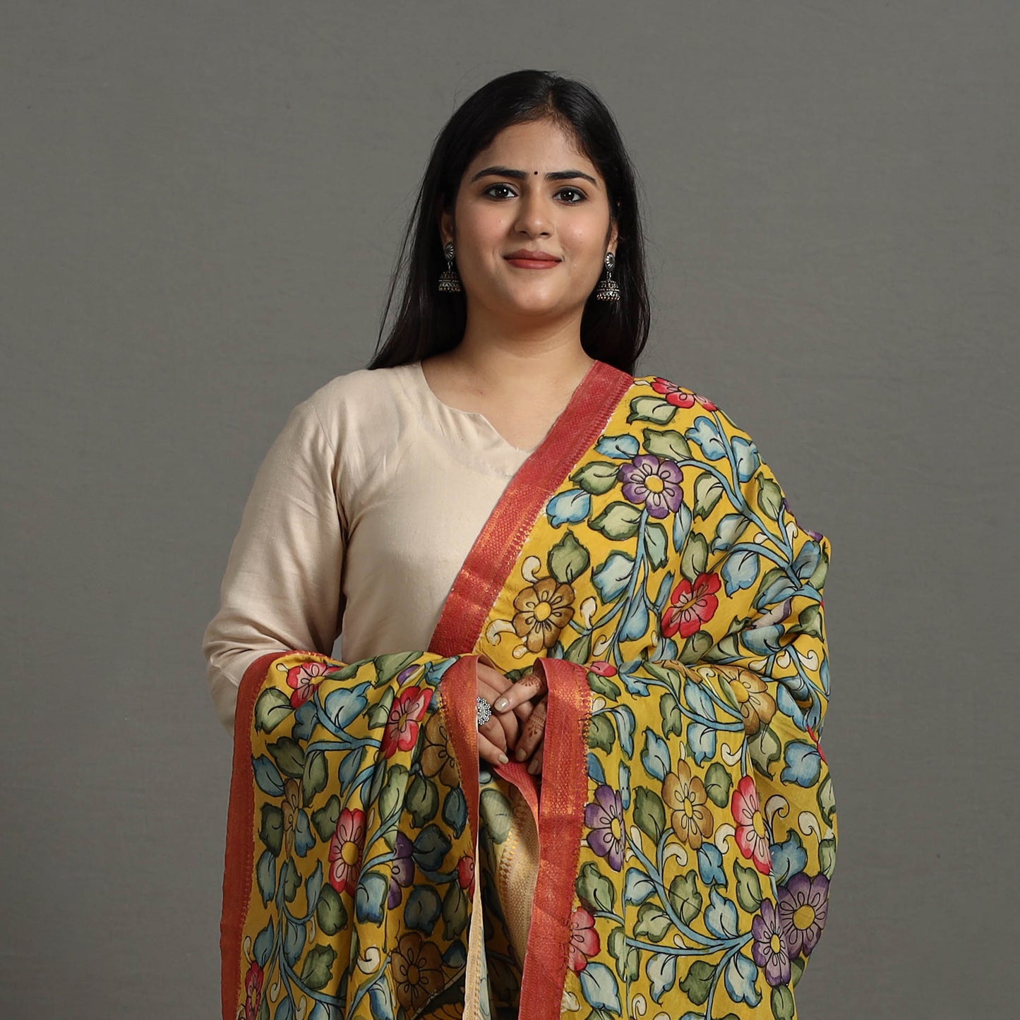 Yellow - Chanderi Silk Srikalahasti Handpainted Pen Kalamkari Dupatta 08