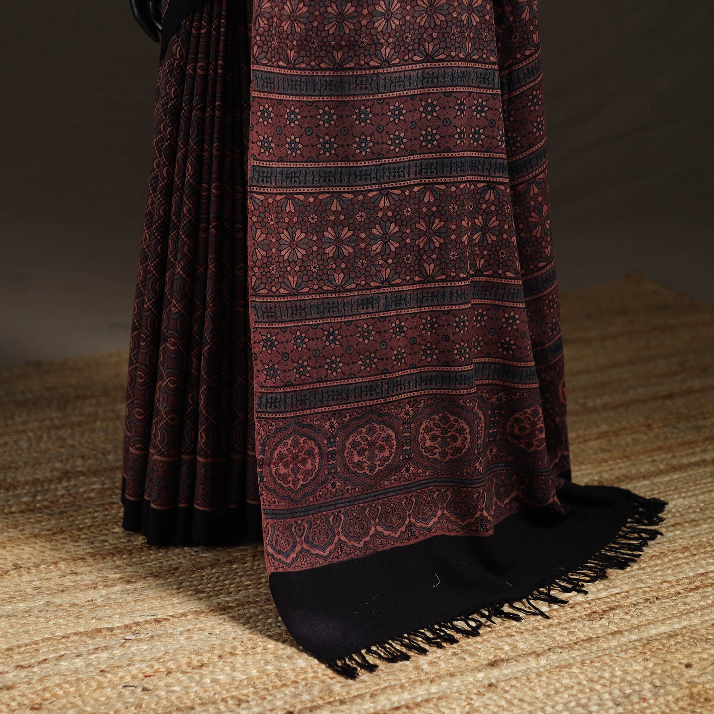 Handwoven Merino Wool Natural Dyed Hand Block Print Ajrakh Saree 05