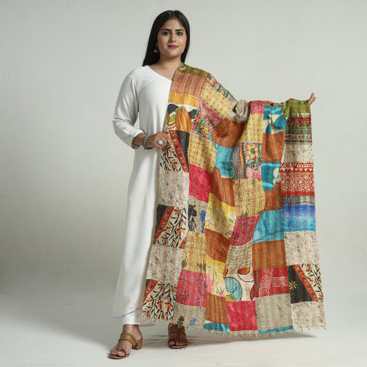 Multicolor - Bengal Kantha Embroidery Patchwork Reversible Silk Dupatta 32