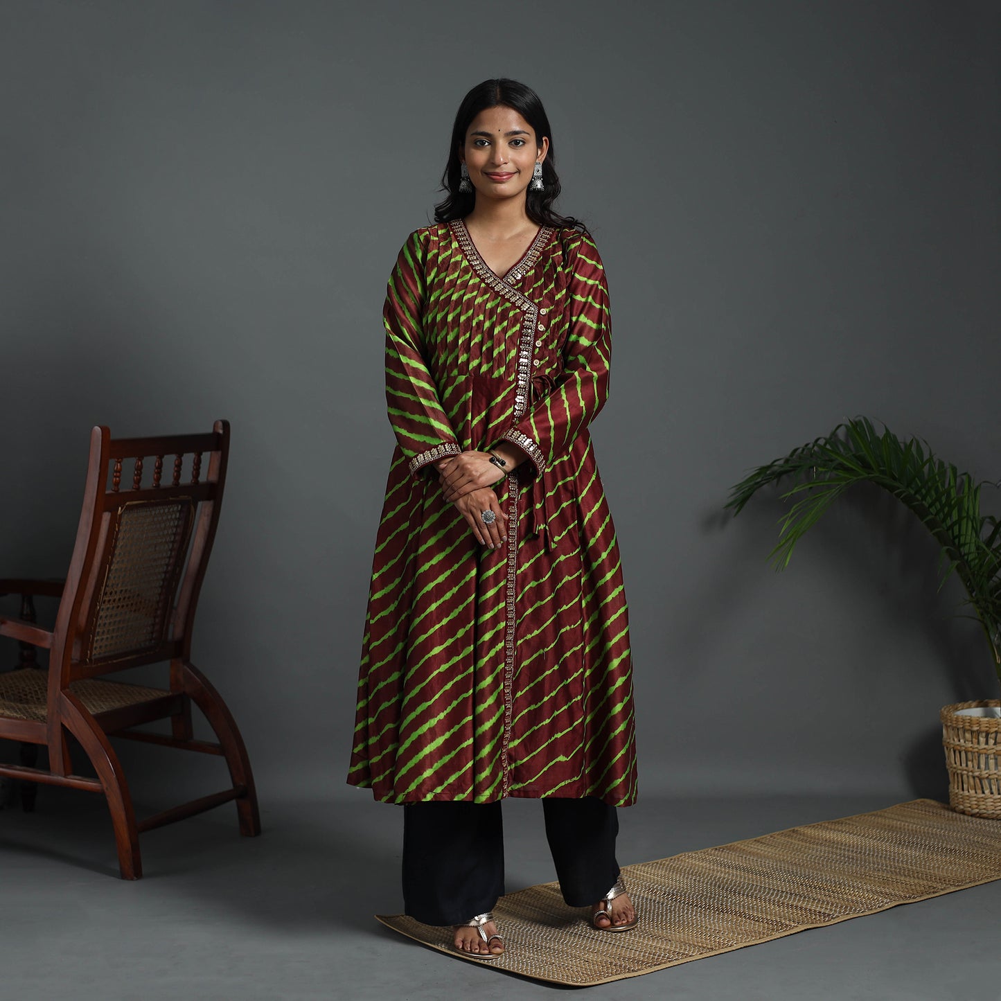 Angrakha Brown Handloom Chanderi Silk Tie-Dye Leheriya Kurta for Women