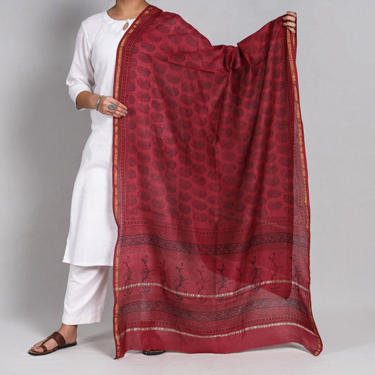 Pink - Bagh Block Printed Chanderi Silk Handloom Dupatta