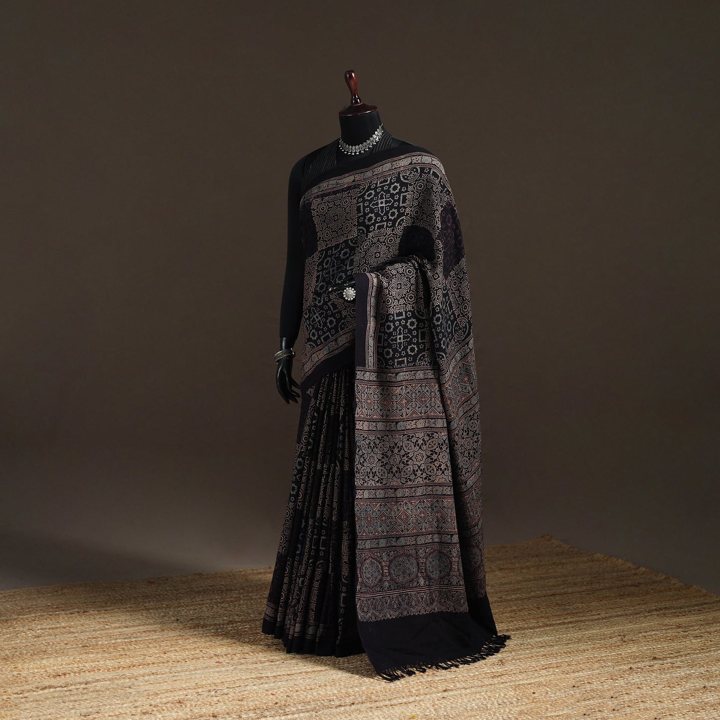 Handwoven Merino Wool Natural Dyed Hand Block Print Ajrakh Saree 06