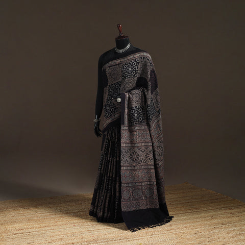 Handwoven Merino Wool Natural Dyed Hand Block Print Ajrakh Saree 06