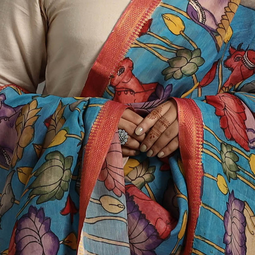 Blue - Chanderi Silk Srikalahasti Handpainted Pen Kalamkari Dupatta 09