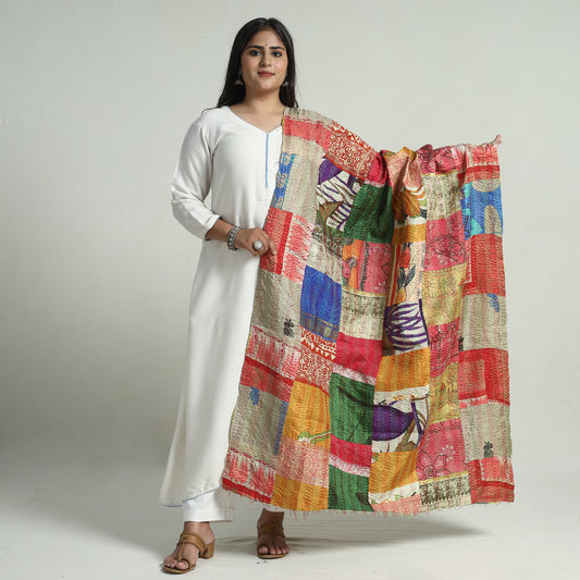 Multicolor - Bengal Kantha Embroidery Patchwork Reversible Silk Dupatta 33