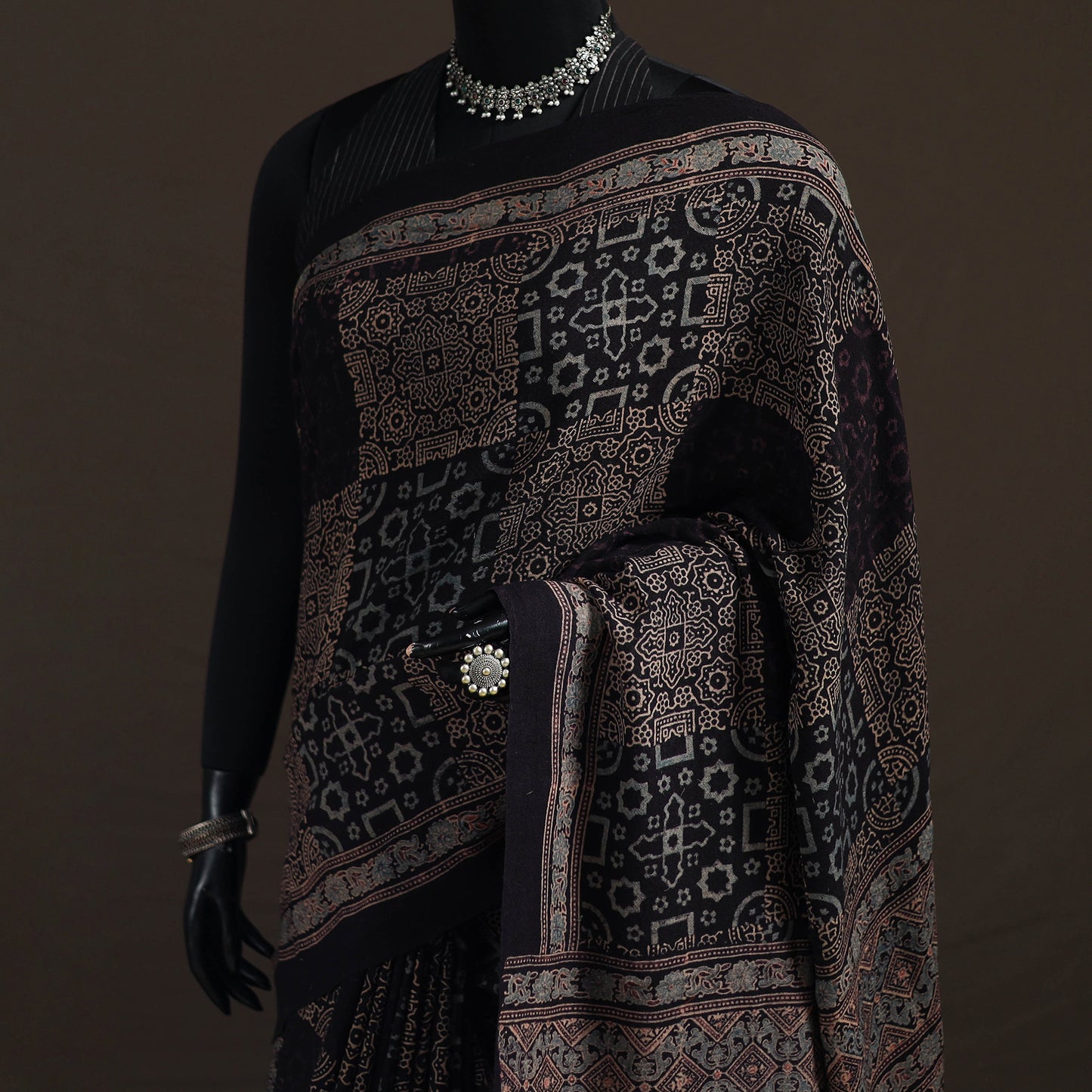 Handwoven Merino Wool Natural Dyed Hand Block Print Ajrakh Saree 06
