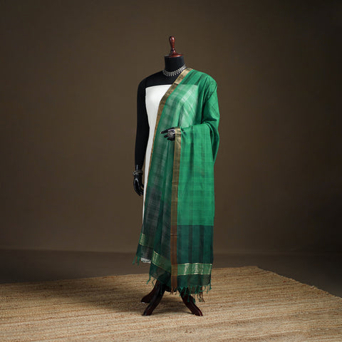 Green - Pure Handloom Cotton Nizam Zari Border Mangalagiri Dupatta 18
