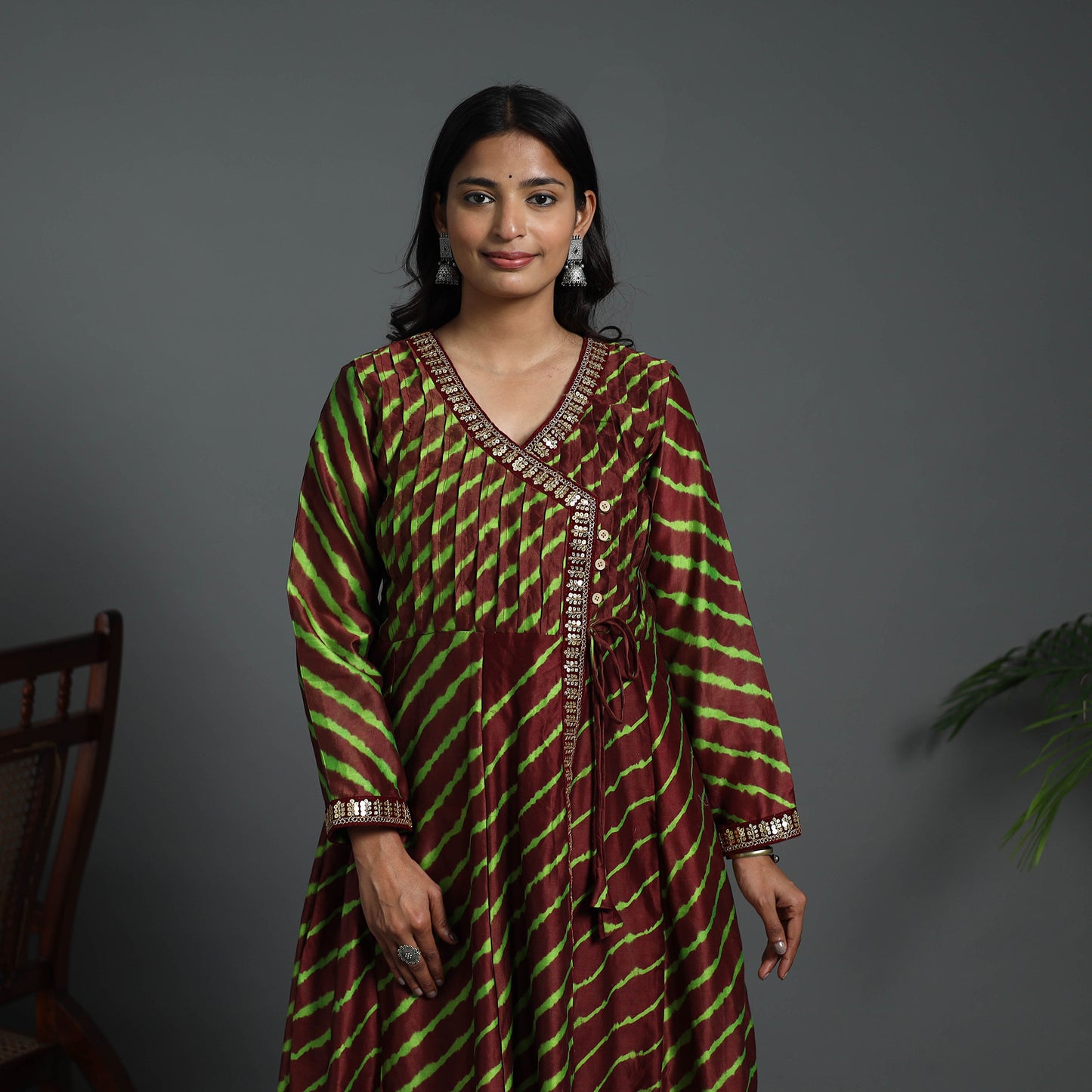 Angrakha Brown Handloom Chanderi Silk Tie-Dye Leheriya Kurta for Women