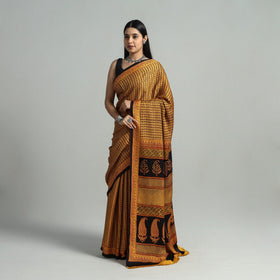 Yellow - hand printed natural dyed modal silk bagh saree 04
