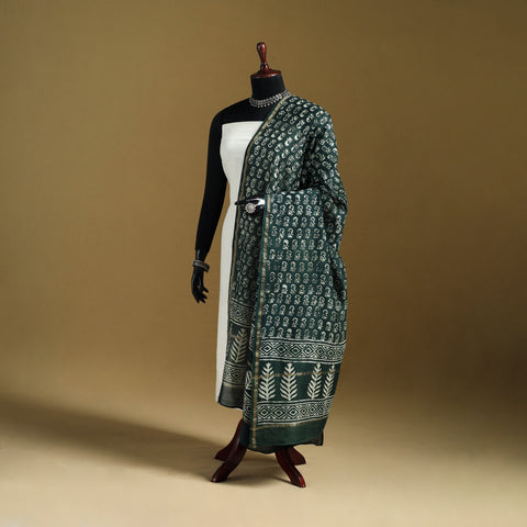 Green - Pipad Hand Block Print Natural Dyed Chanderi Silk Handloom Dupatta 13