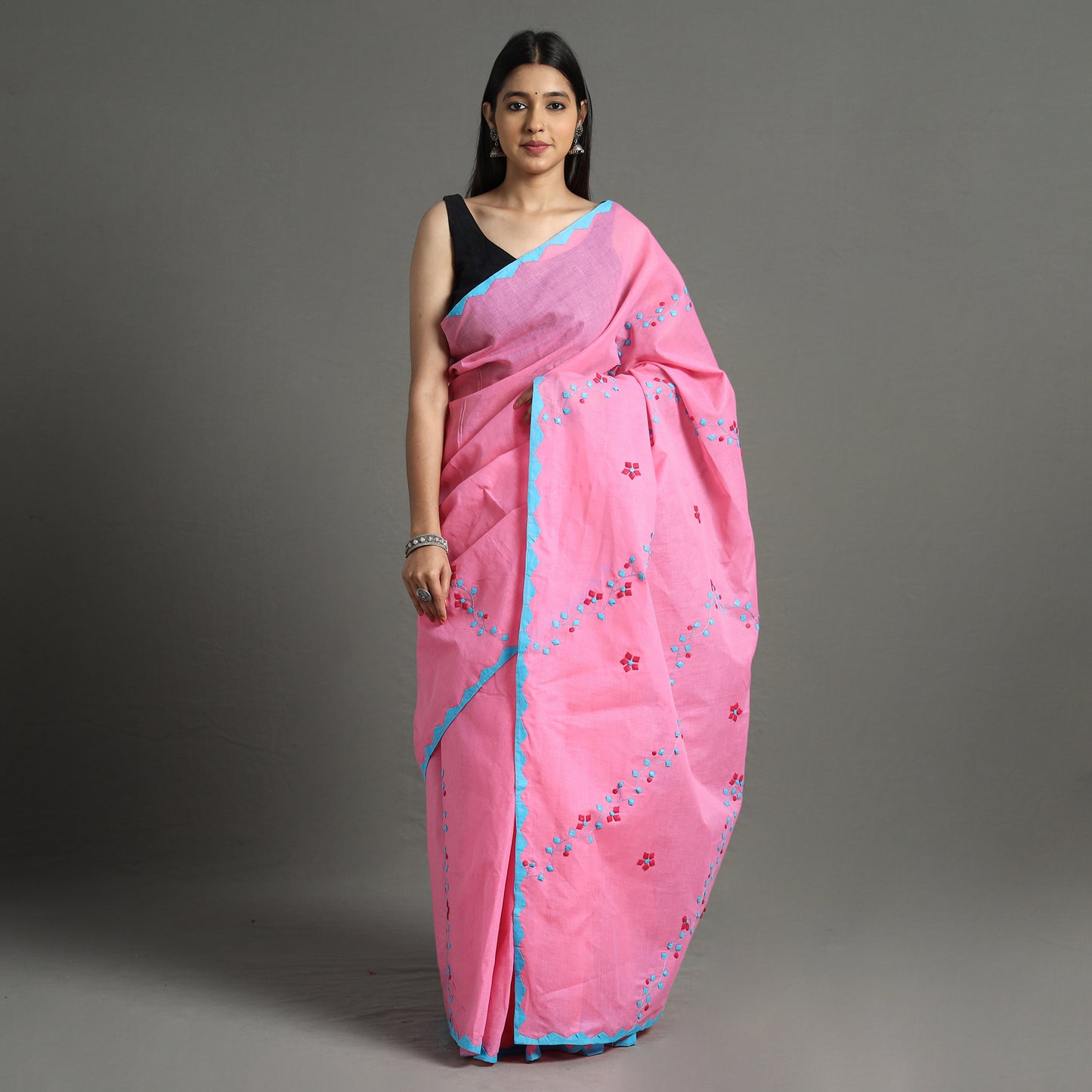 Pink - Applique Patti Kaam Pure Cotton Saree from Rampur 04