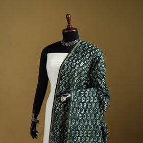 Green - Pipad Hand Block Print Natural Dyed Chanderi Silk Handloom Dupatta 13