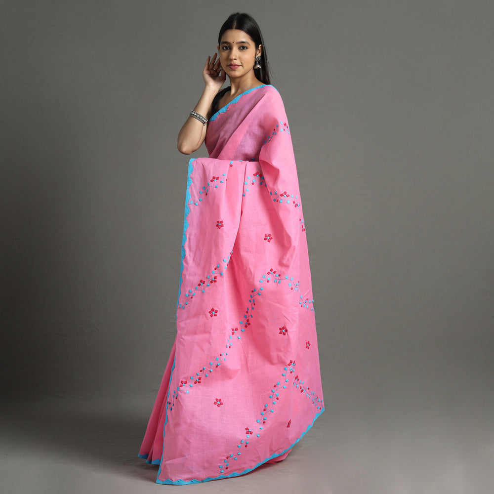 Pink - Applique Patti Kaam Pure Cotton Saree from Rampur 04