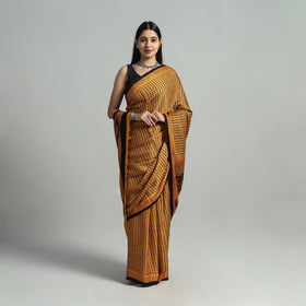 Yellow - hand printed natural dyed modal silk bagh saree 04