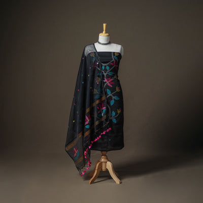 Black - jamdani pure handloom muslin unstitched dress