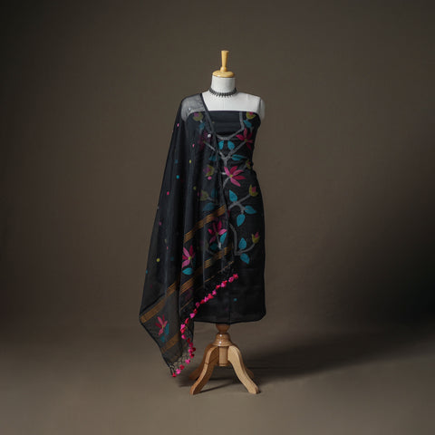 Black - Jamdani Pure Handloom Muslin Unstitched Dress Material: Kurta with Dupatta 29