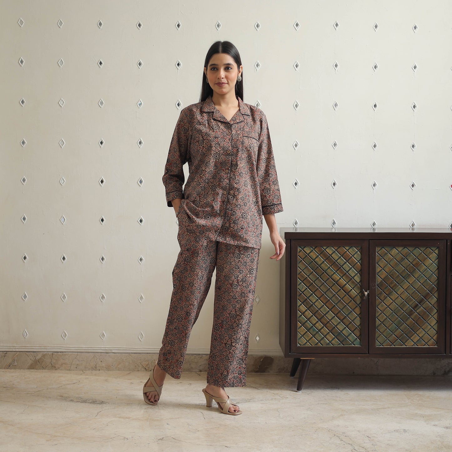 Brown - Block Printed Cotton Ajrakh Co-ord Set 16