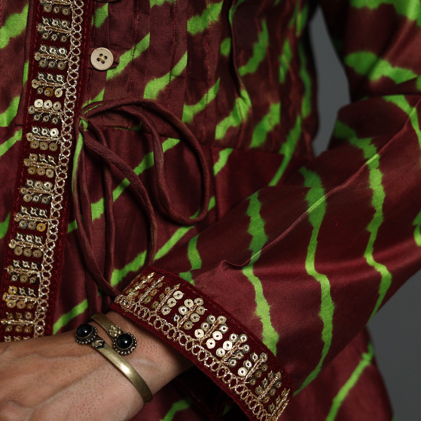 Angrakha Brown Handloom Chanderi Silk Tie-Dye Leheriya Kurta for Women