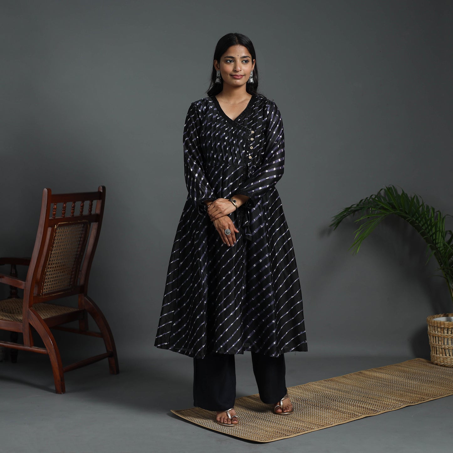 Black Angrakha Handloom Chanderi Silk Tie-Dye Leheriya Kurta for Women