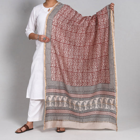 Maroon - Bagh Block Printed Chanderi Silk Handloom Dupatta
