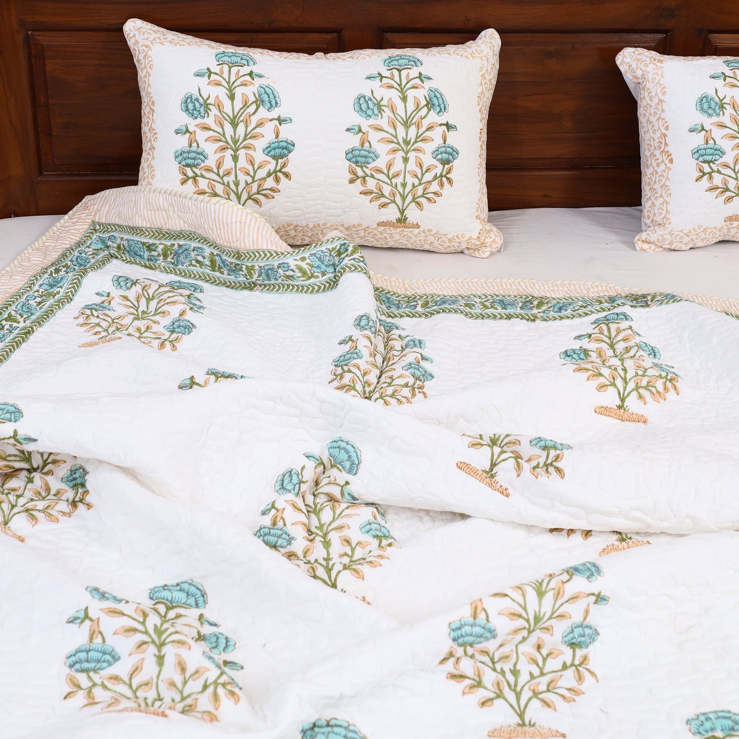 Double - Reversible Sanganeri Block Print Cotton Quilt Set 10