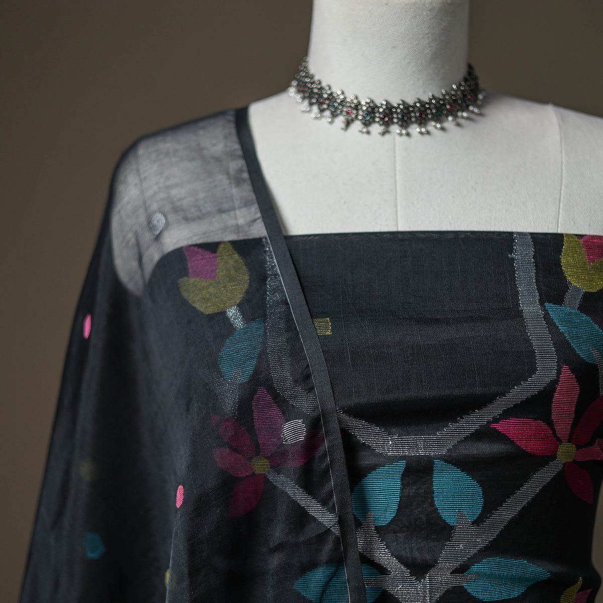Black - jamdani pure handloom muslin unstitched dress