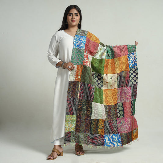 Multicolor - Bengal Kantha Embroidery Patchwork Reversible Silk Dupatta 34