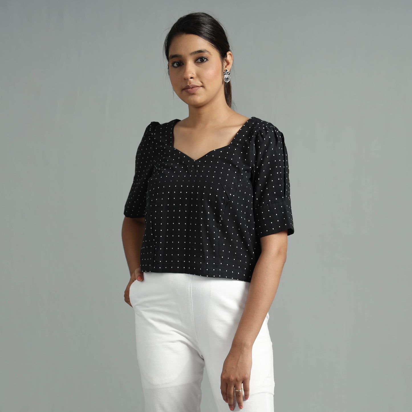 Black Jacquard Half Sleeve Cotton Crop Top