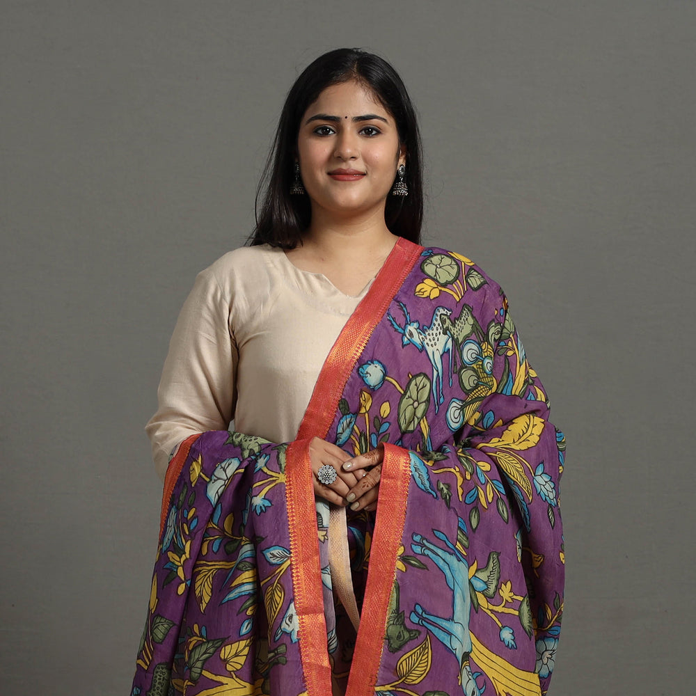 Purple - Chanderi Silk Srikalahasti Handpainted Pen Kalamkari Dupatta 10