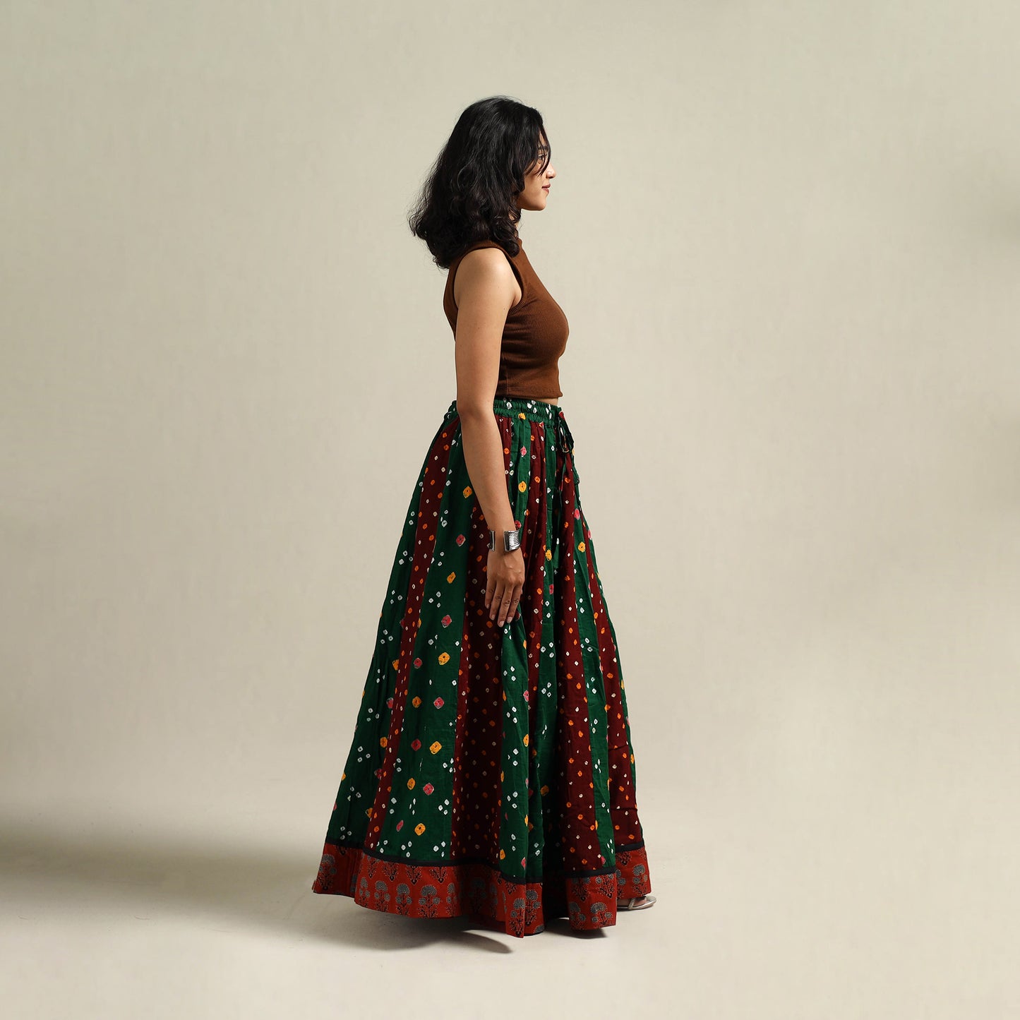 Multicolor - Bandhani Tie-Dye 24 Kali Patchwork Cotton Long Skirt 16