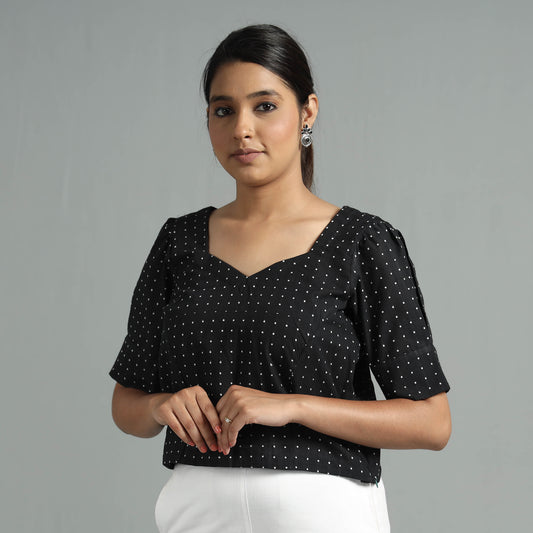 Black Jacquard Half Sleeve Cotton Crop Top