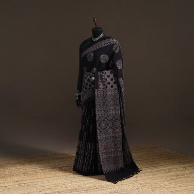 Handwoven Merino Wool Natural Dyed Hand Block Print Ajrakh Saree 08