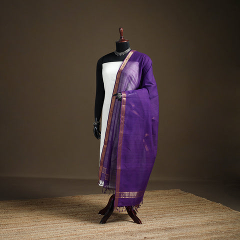 Purple - Pure Handloom Cotton Nizam Zari Border Mangalagiri Dupatta 19