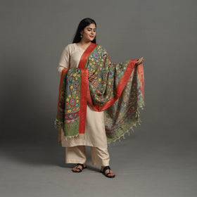 Green Chanderi Silk Srikalahasti Handpainted Pen Kalamkari Dupatta