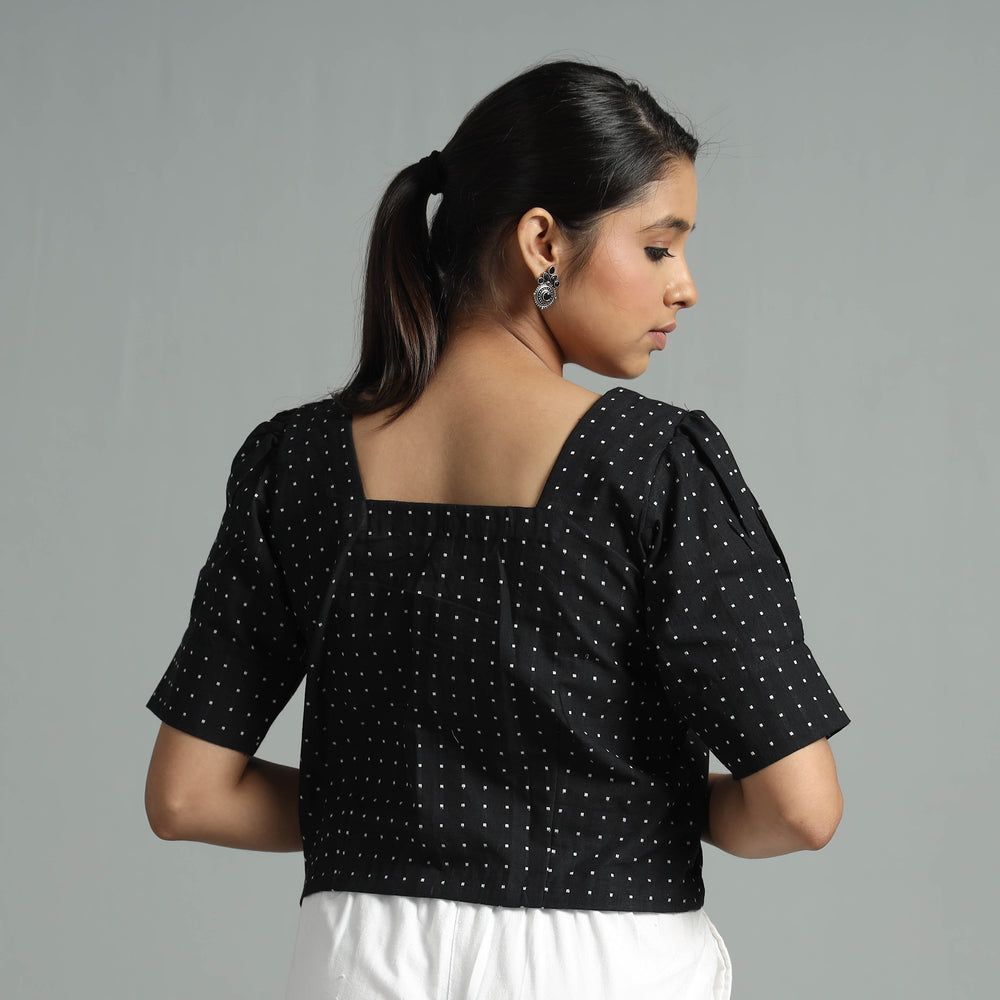 Black Jacquard Half Sleeve Cotton Crop Top