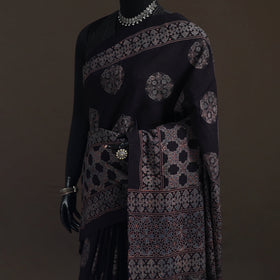 Handwoven Merino Wool Natural Dyed Hand Block Print Ajrakh Saree 08